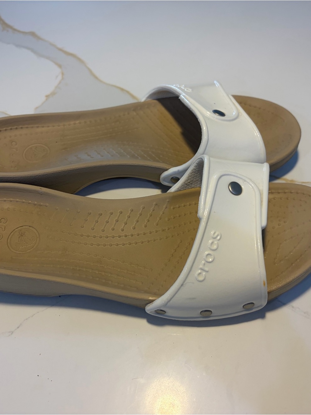 CROCS Women’s White and Tan Slide Sandals size 9